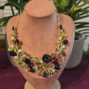 EYE CANDY  FLORAL Gemstone Necklace in Gold and Purple CRYSTALS